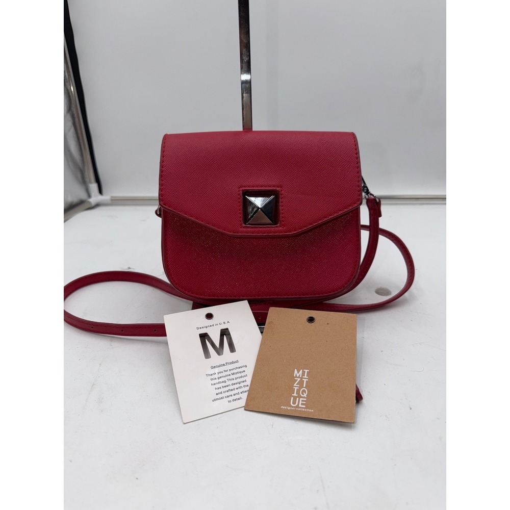 Miztique Red Saffiano Vegan Leather Crossbody Bag with Pyramid Stud Turn Lock
